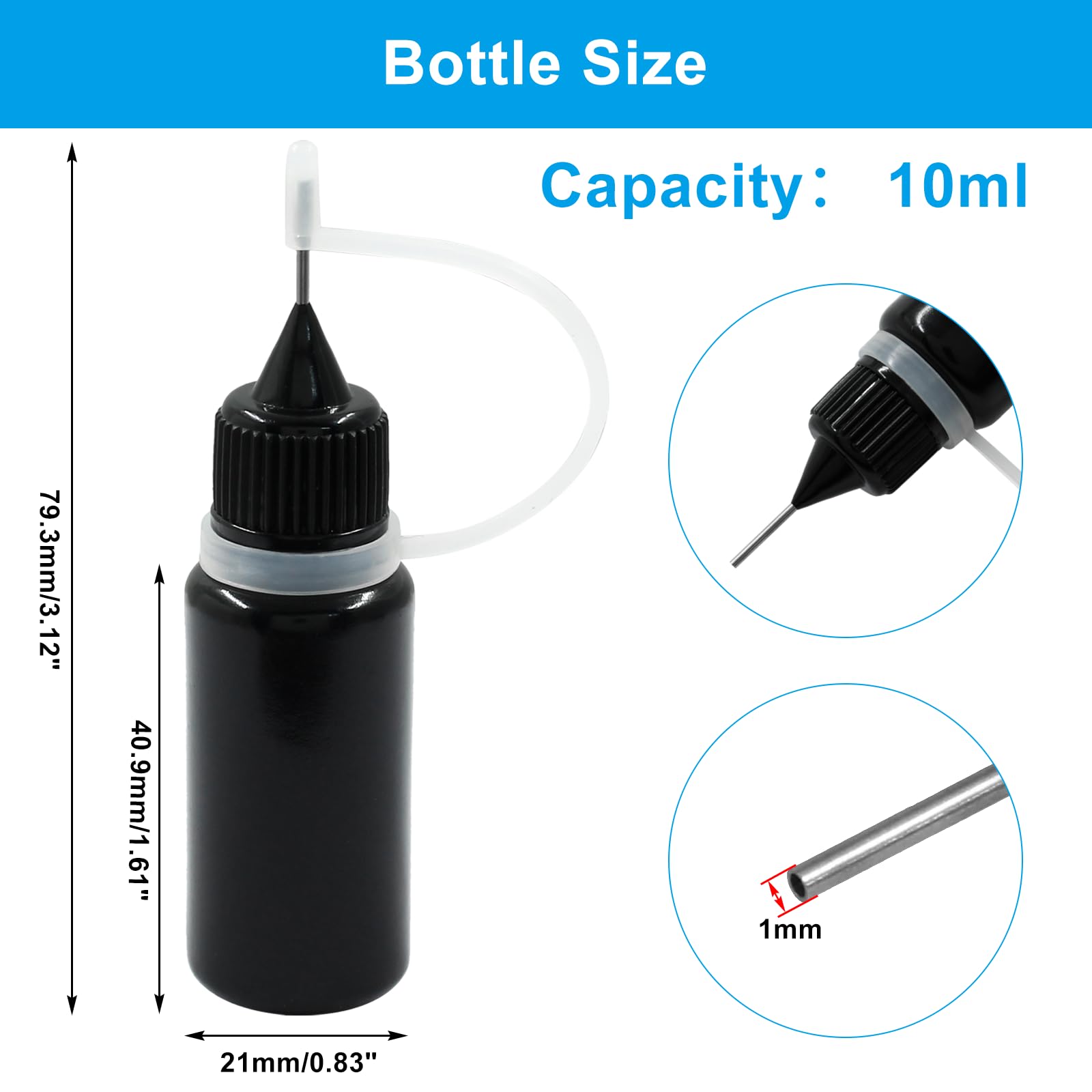 Piutouyar 10ml Black Precision Tip Applicator Bottles, 10 Pcs Fine Tip Metal Needle Squeeze Bottles for DIY Crafts Acrylic Painting