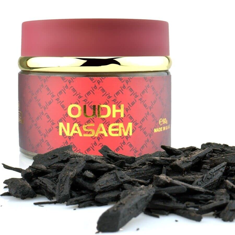 Oudh Nasaem Incense Bakhoor 60g – Long-Lasting Arabic Oud Wood Chips by Nabeel | Floral & Woody Scent | Free JRose Trolley Coin Keychain – Ideal for Home, Prayer, Gifting