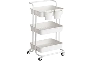 SONGMICS Rolling Cart, 3-Tier Storage Cart, Storage Trolley with Handle 2 Small Organizers, Steel Frame, Plastic Baskets, Uti