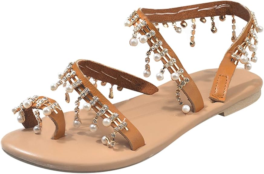 Amazon.com | FAMOORE Women's Fashion Casual Ring Toe Flat Crystal Pearl Beach Sandals Roman 
