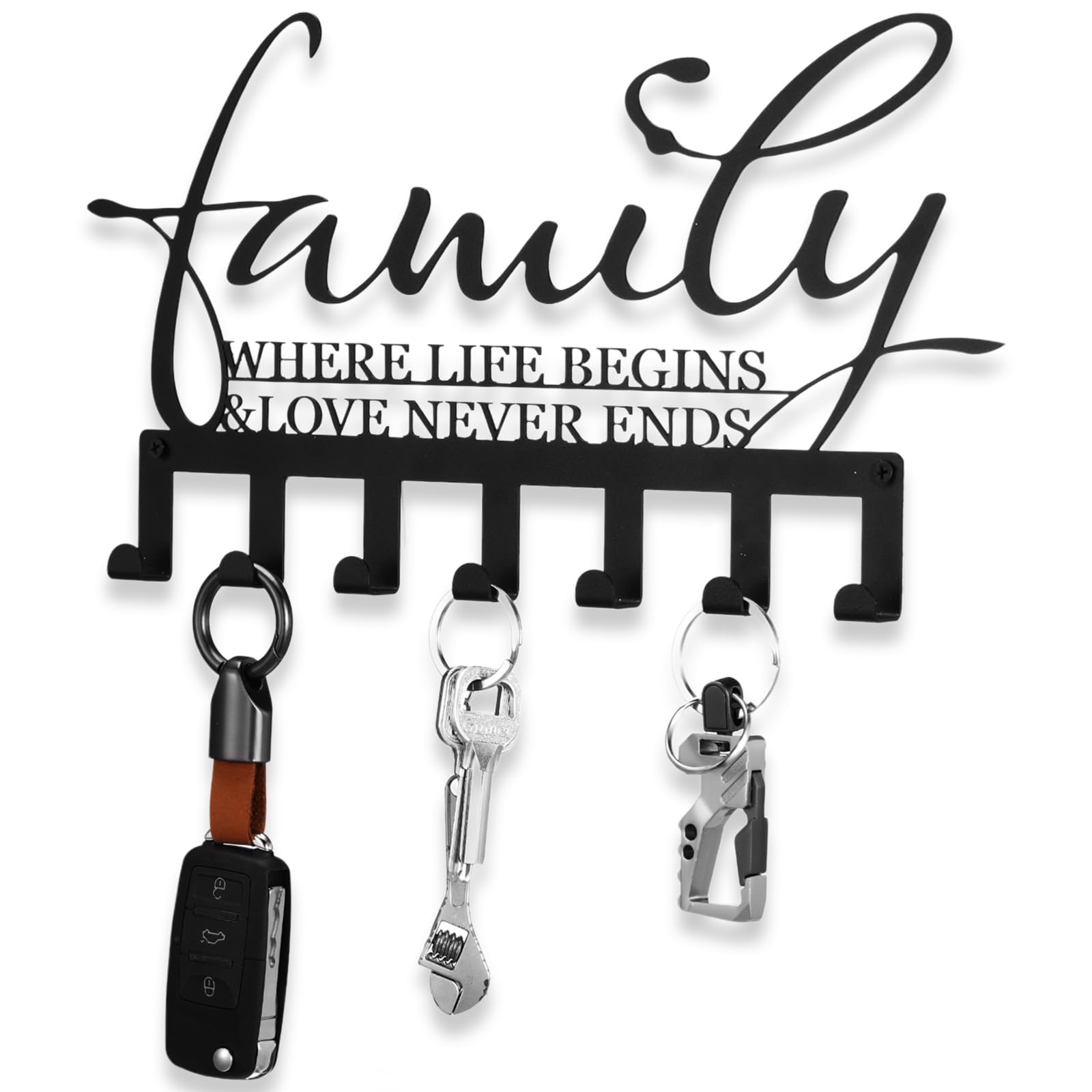 Photo 1 of Hicarer Family Key Holder Metal Hooks Decorative Hanger Black Rack Wall Mount Organizer with Screws and Anchors for Keys Hat Kitchen Entryway Front Door Home Decor