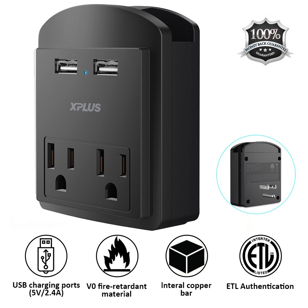 Wall Mount Charger,XPLUS 2 USB Charging Ports (2.4A) & 2 AC Outlet Plugs, Surge-protected Power Socket Extender with Topside Phone Holders for iPhone, iPad and Others, ETL Certified (Black)