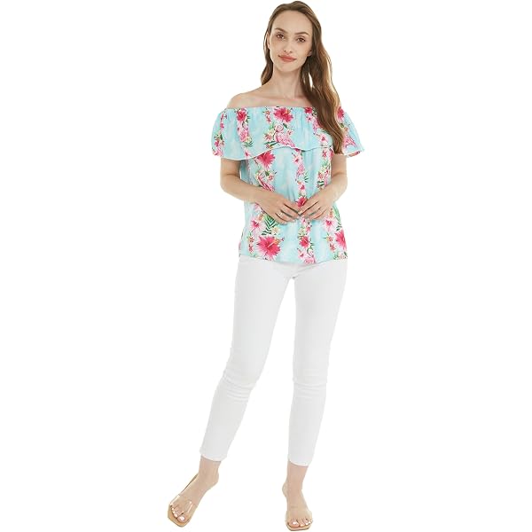 Women's Off-Shoulder Ruffle Muumuu Top - Tropical Print Rayon Blouse For Luau & Beach - View #12