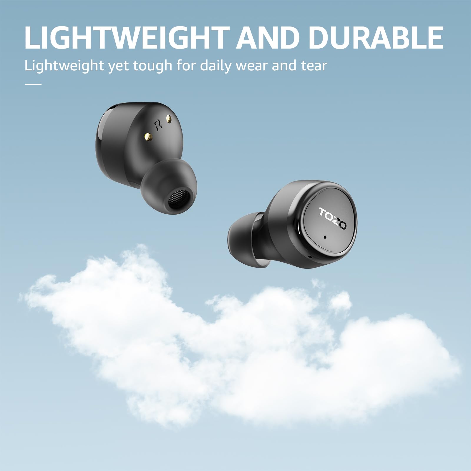 TOZO E1 Wireless Earbuds Build in Mic Clear Calls Ergonomic Light Weight Bluetooth 5.3 in Ear Headphones IPX6 Waterproof Premium Stereo Sound Ear Buds 30H Playtime with 32 EQs via APP, Black - Image 2
