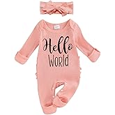 FIOMVA Im New Here Newborn Outfit Girl Long Sleeve Letter Romper Ribbed Knit Jumpsuit Baby Girl Preemie Coming Home Outfit