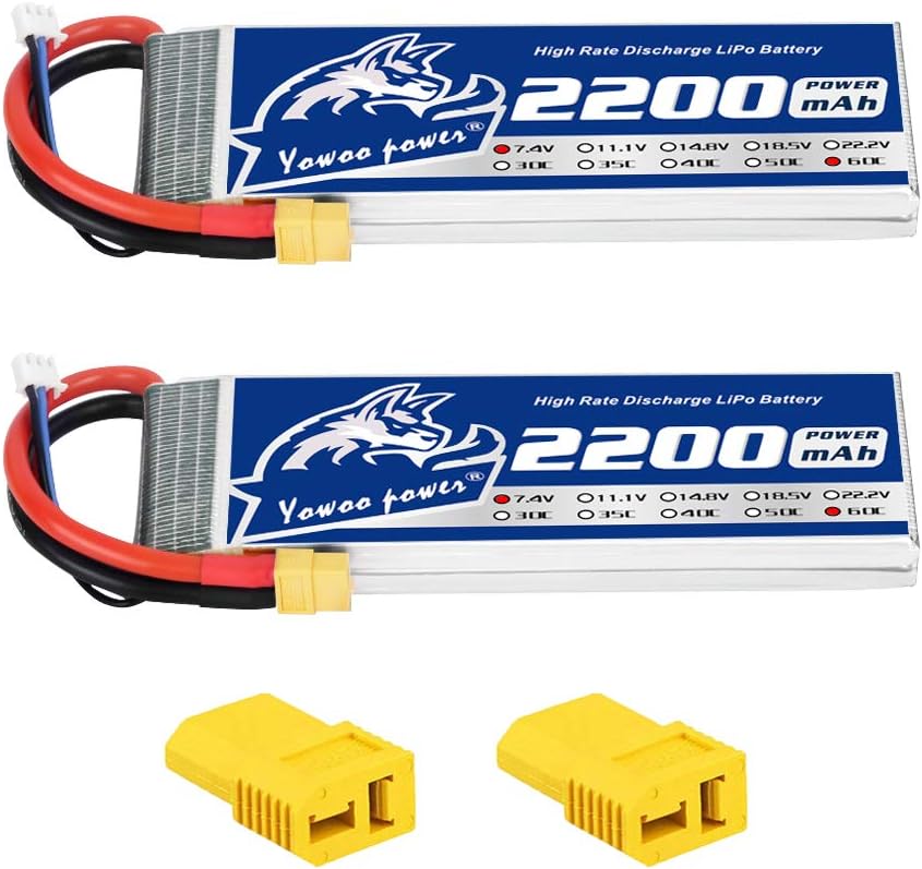 Yowoo 2 Pack 2S Lipo Battery 2200mAh 7.4V 130C Soft Case Graphene Battery with XT60 and Deans T Plug for RC Evader BX Car Truck Truggy RC Quadcopter Helicopter Airplane UAV Drone FPV RC Models