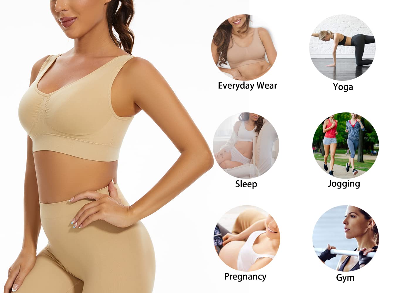 Lemef 3-Paquet soutiens-Gorge de sans Couture Sport Yoga sans Armature avec coussinets amovibles Pour Femmes, Black&white&nude, XL