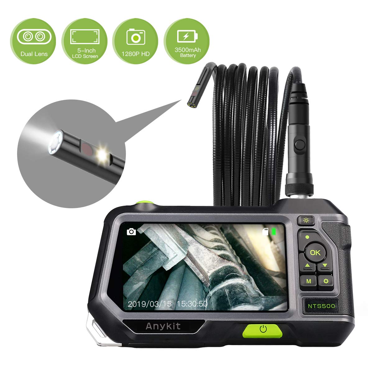 Anykit Industrial Endoscope, Borescope Inspection Camera with Dual Lens