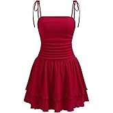 CIDER Women's Summer Mini Cocktail Dress Strap Ruched Square Neck Layered Sleeveless A Line Short Dress Trendy