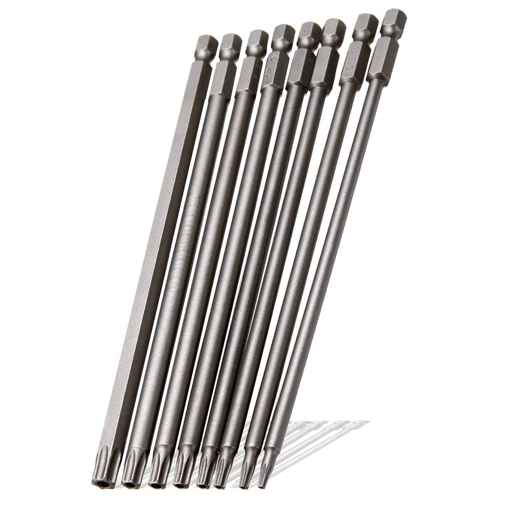 Saiper 8 Pieces 1/4 Inch Hex Shank Torx Security Head Screw Driver Bit Magnetic Star S2 Steel Screwdriver Set Bits T8-T40, 150mm/6 Inch Long