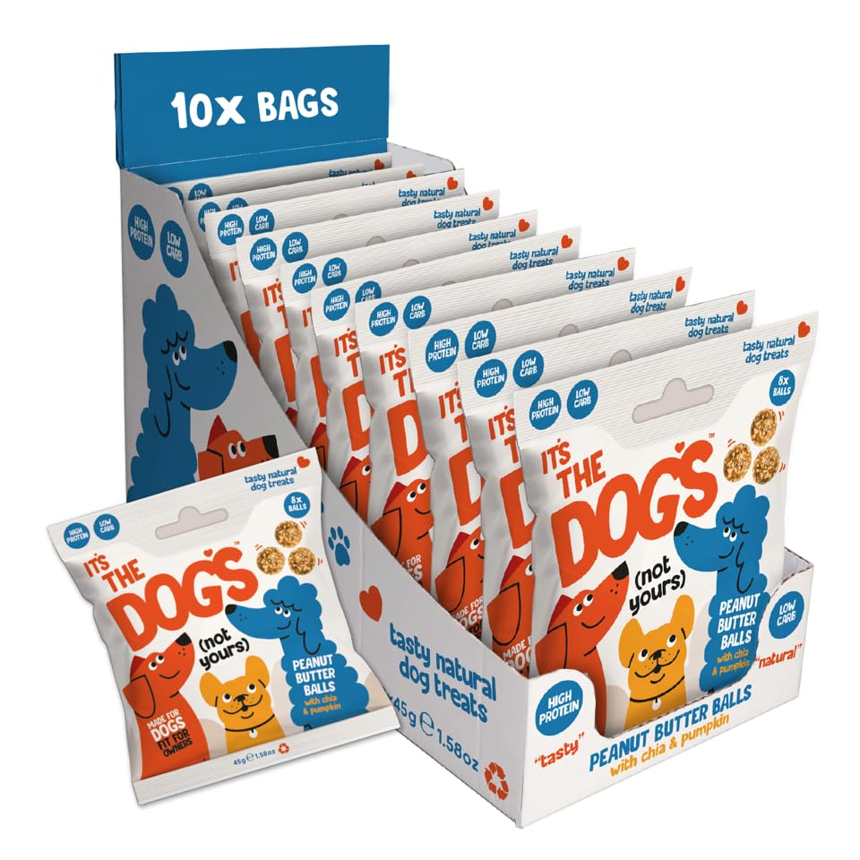 It's the Dogs Peanut Butter Dog Treats - Pack of 10x45G Natural Treats Balls with Chia & Pumpkin for your Fur Baby - Tasty Training Snack, High Protein, Gut Friendly