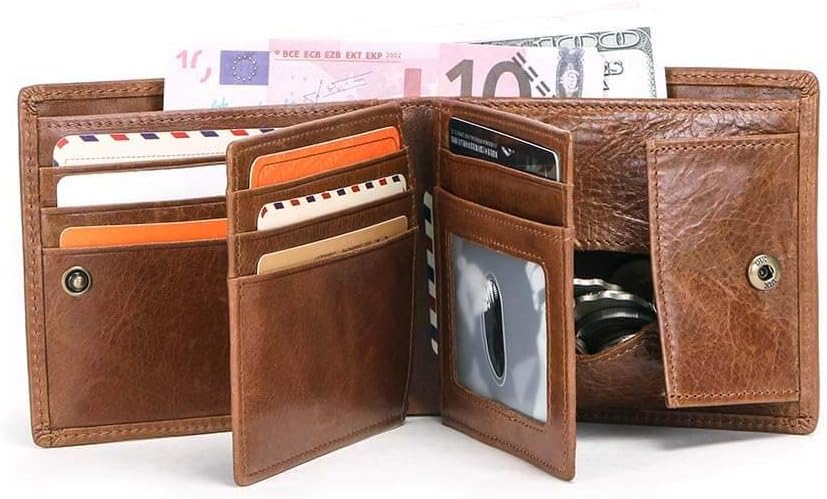 Men's Bifold Wallet with Coin Pocket,Hiram Men's Genuine Leather Wallet for Bill Cash, Credit Card Wallet for Men (Brown)