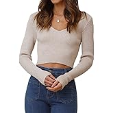 INFITTY Women's V Neck Cropped Sweater Basic Long Sleeve Shirts Slim Fitted Ribbed Knitted Pullover Crop Tops