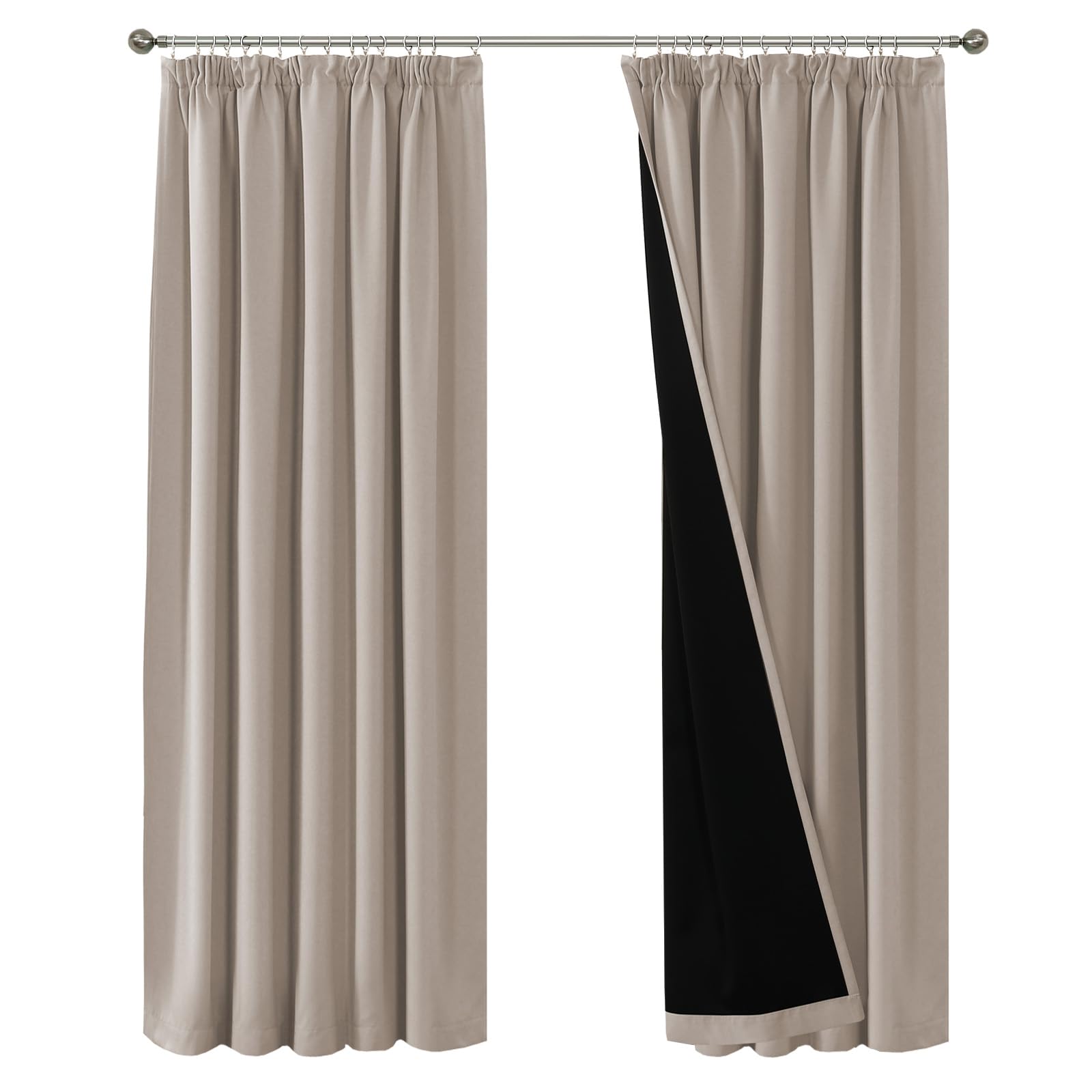 BellaHills 100% Blackout Curtains for Bedroom Thermal Insulated Curtains & Drapes Blackout Curtains Pencil Pleat Curtains for Living Room with Black Liner 2 Panels, 90 x 72 Inch, Natural Sand