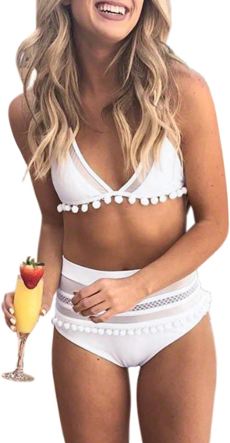 Womens High Waisted Bikini Set Stripe Tassel Halter Two Pieces Swimsuits