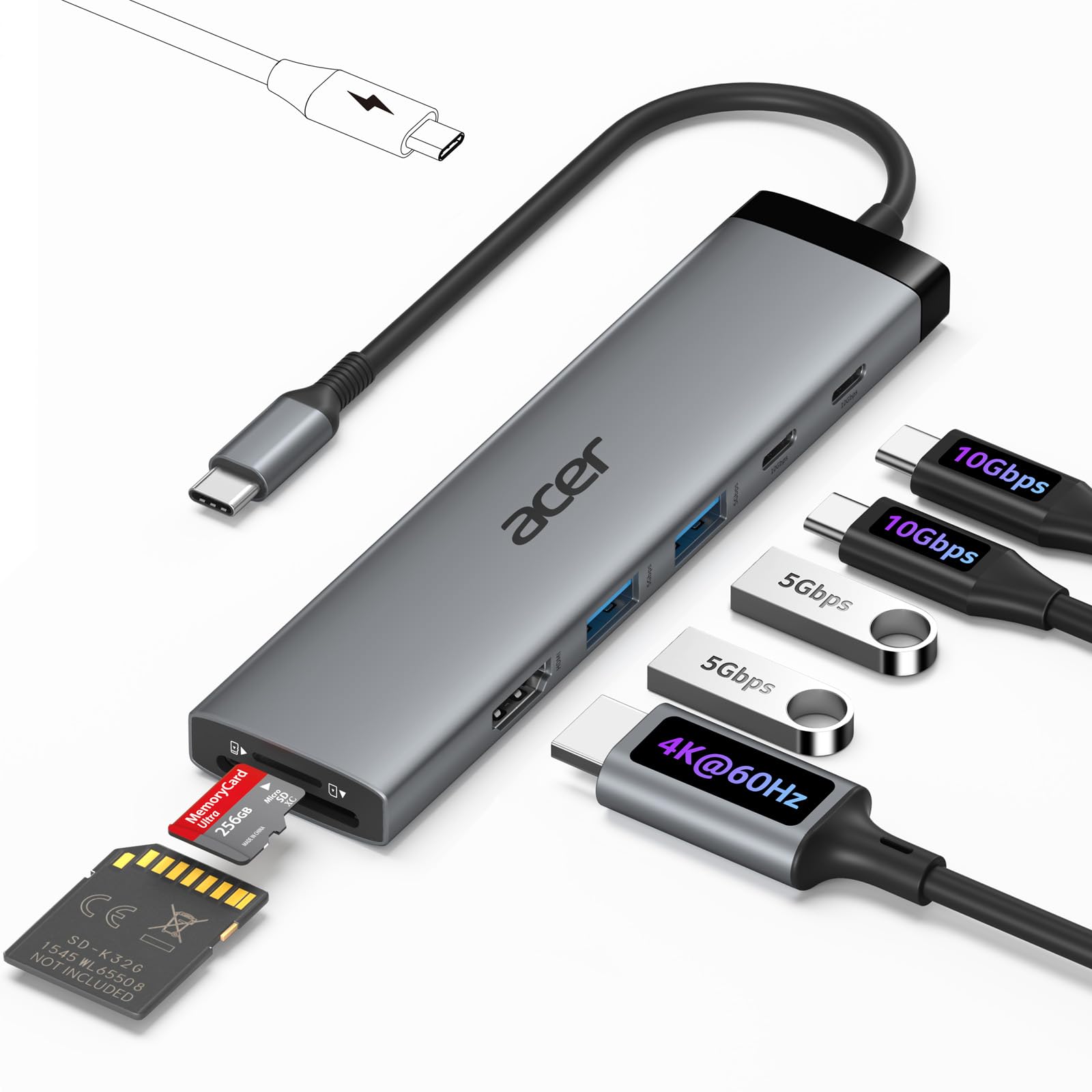 Photo 1 of Acer 8 in 1 USB C Hub 10Gbps, USBC to HDMI Adapter 4K@60Hz, 2×USB-C 3.2, 2×USB A 3.0 Data Transfer, 100W PD Port Type C Multiport Splitter with SD/TF Card Reader, for Laptop, PC, Desktop, iPad Pro