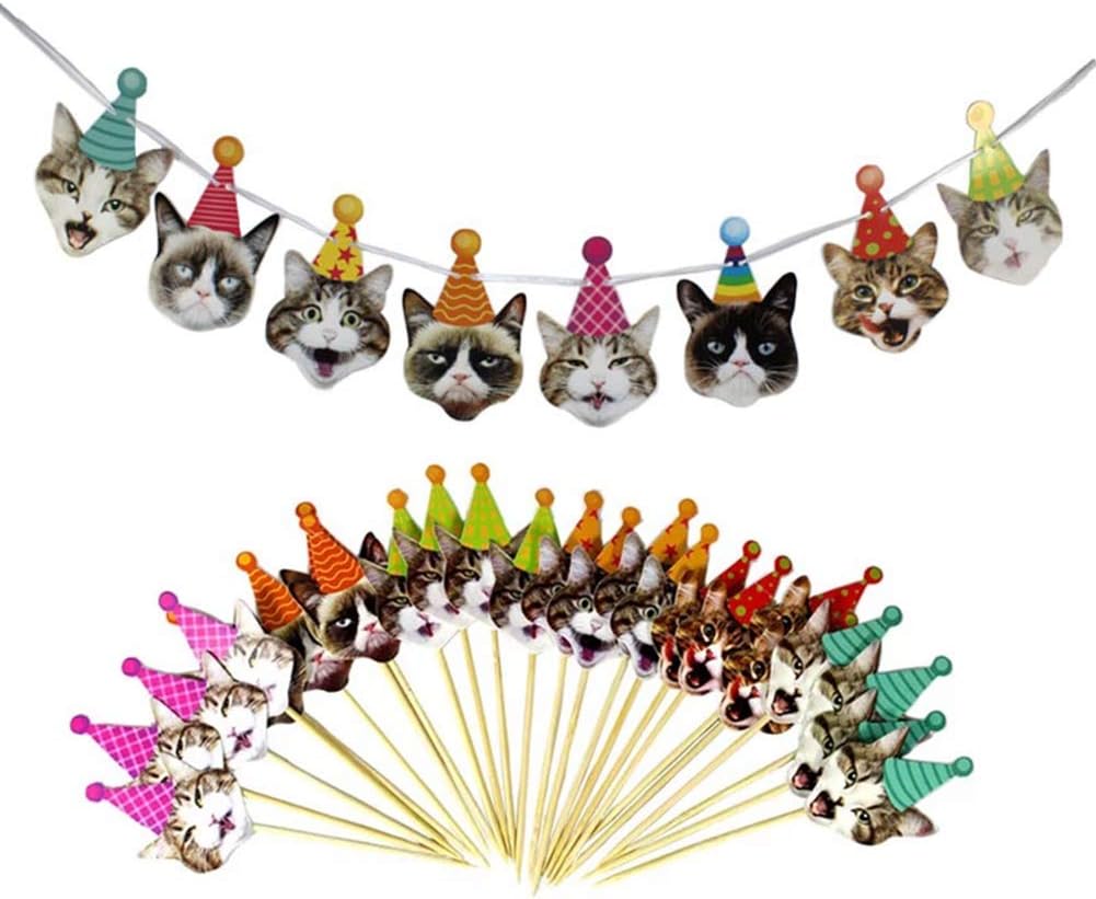 Set of Cat Face Banner with Cat Face Cake Toppers for Cats Kitties Birthday Party Decorations Banner Garland