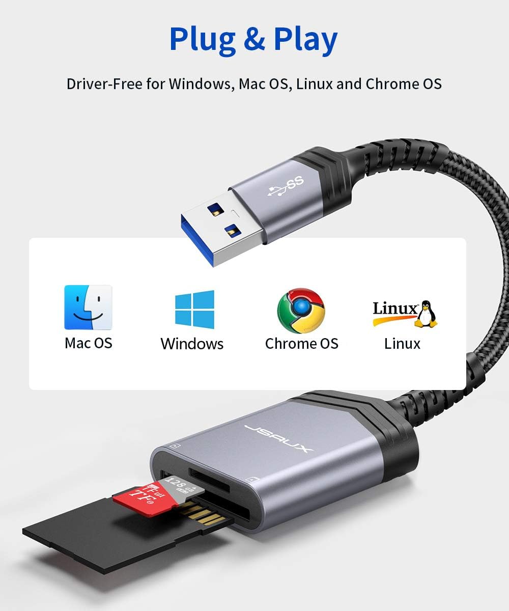 SD Card Reader USB 3.0 [2-in-1], JSAUX Dual Flash Memory Card Adapter for TF, SD, Micro SD, SDXC, SDHC, MMC, RS-MMC, Micro SDXC, Micro SDHC, UHS-I, Plug and Play, Read 2 Cards Simultaneously -Grey: Computers & Accessories