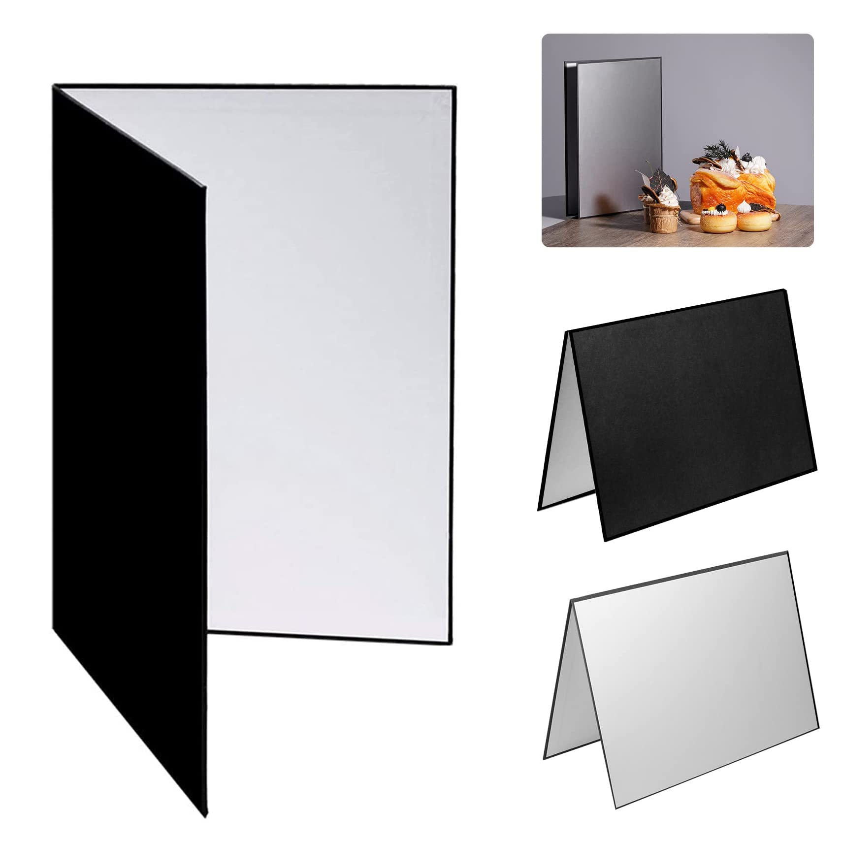 Selens 3 in 1 Light Reflector Food Photography Diffuser Cardboard 29x42cm Foldable Black White Silver Thick Paper Board Double Sided for Product Still Life Props Photo Studio Shooting A3