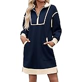 Wenrine Women's Oversized Sweatshirt Dress Half Zip V Neck Long Sleeve Contrast Fall Casual Mini Dresses