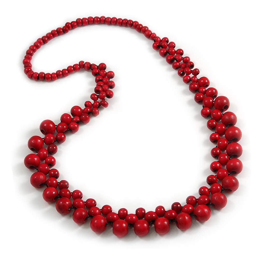 Avalaya Long Cherry Red Cluster Wood Beaded Necklace - 82cm Long