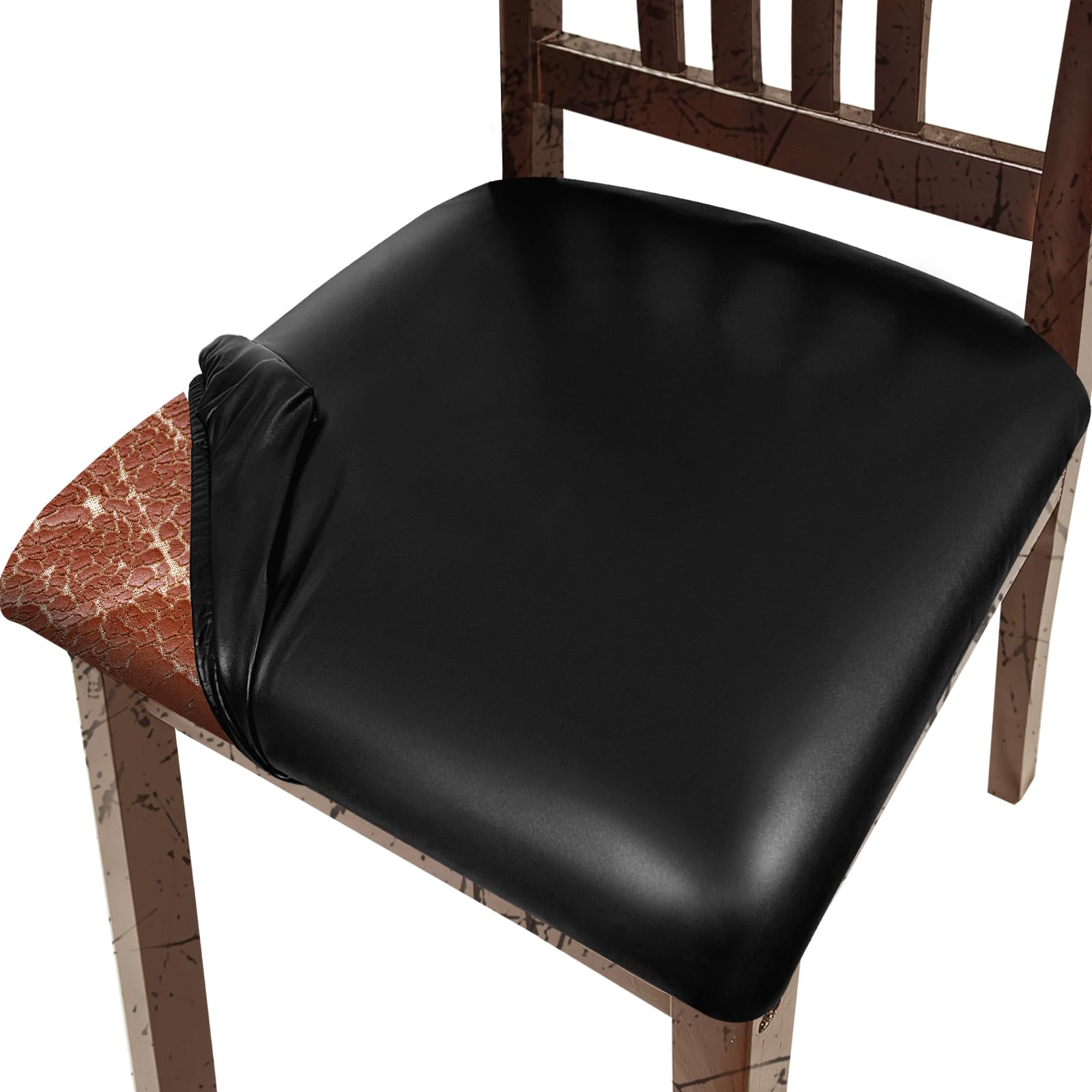 Photo 1 of Lufyzora Pu Leather Dining Chair Seat Covers Set of 4, Waterproof Dining Seat Covers Stretch Chair Covers for Dining Chairs/Kitchen Room/Hotel, Odorless Seat Covers for Kitchen Chairs (Black - 4 PCS)