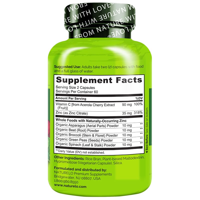 NATURELO Vegan Zinc Immune Support Capsules - Whole Food Complex with Vitamin C for Healthy Skin, Hair, and Nails - 120 Capsules