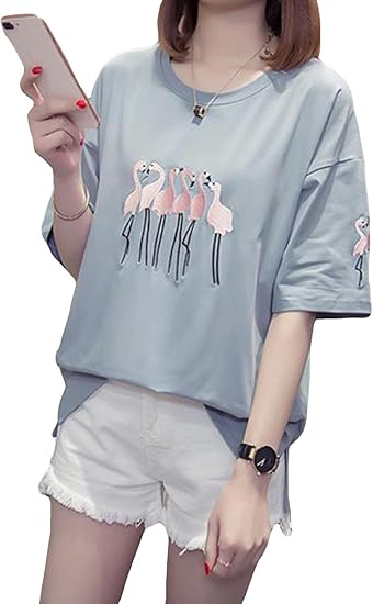 Amazon Debangni Tシャツ 半袖 レディース 夏服 カットソー パーカー 半袖 無地 丸首 刺繍 可愛い プルオーバー ゆったり シンプル カジュアル トップス おしゃれ 韓国風 おもしろライトブルーn8 Tシャツ カットソー 通販