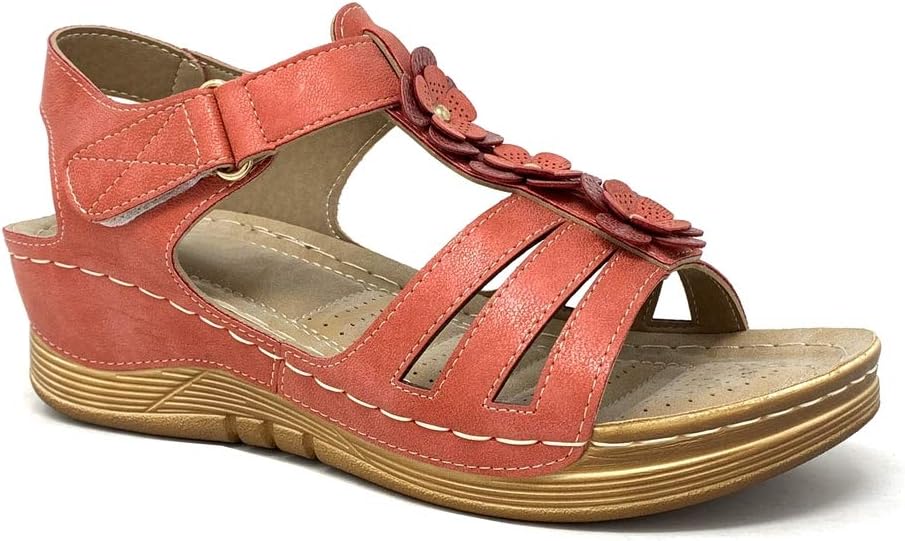 Women's Fashion Shoes Sandals - t-bar - Orthopedic Style - Senior - Flowers - Simple Basic Wedge 4 cm