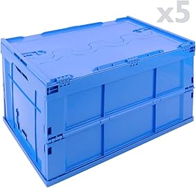 PrimeMatik - Caja de plástico EuroBox Plegable y apilable. Contenedor Azul con Tapa 60x40x32cm 65L 5-Pack 