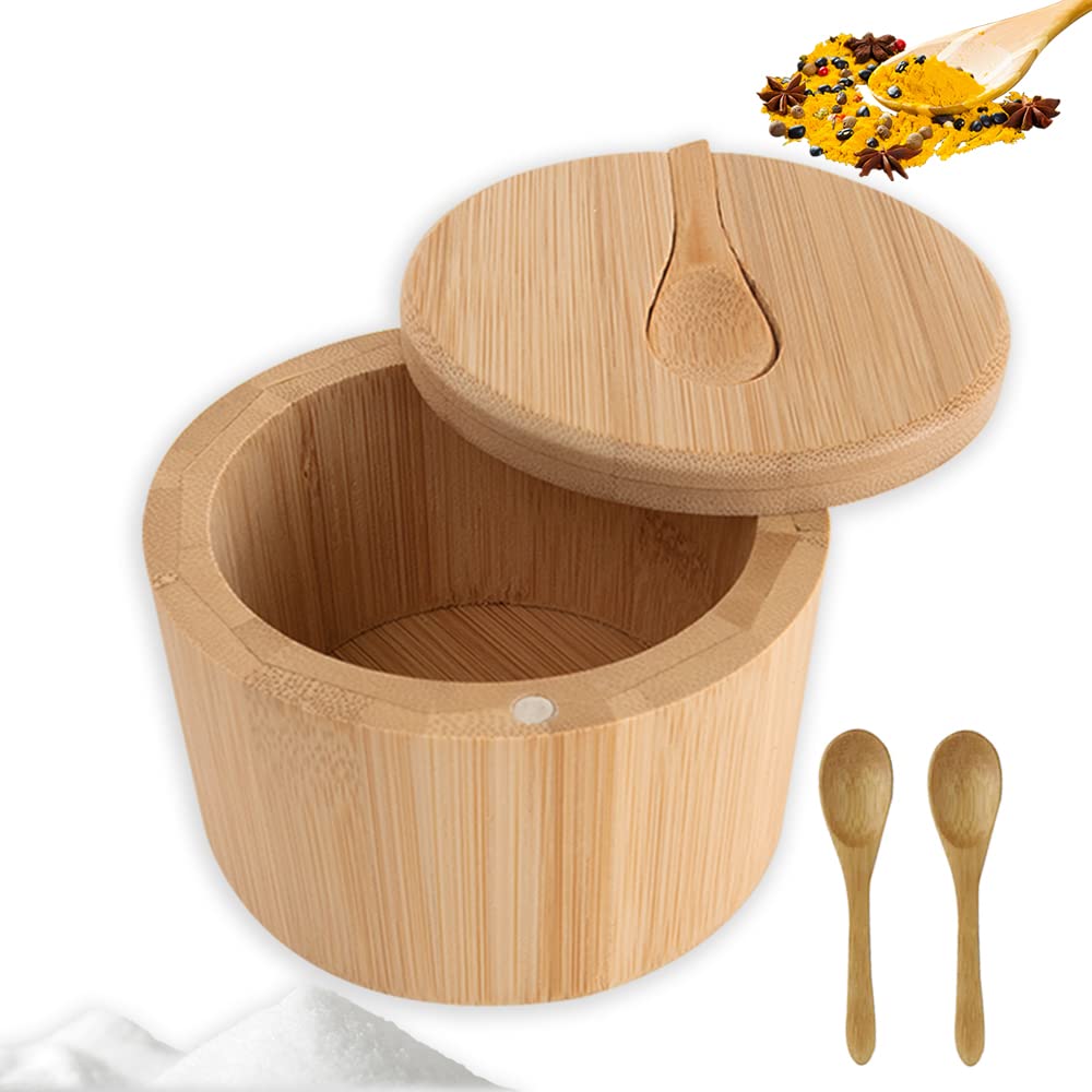 BOJVESH Bamboo Salt Boxes with3 Small Wooden Spoons, Swivel Lid Container with Magnetic Swivel Lid, Salt Spice Storage Box for Kitchen Seasonings, Spices, Herbs, Pepper or Small Items (1-Compartment)