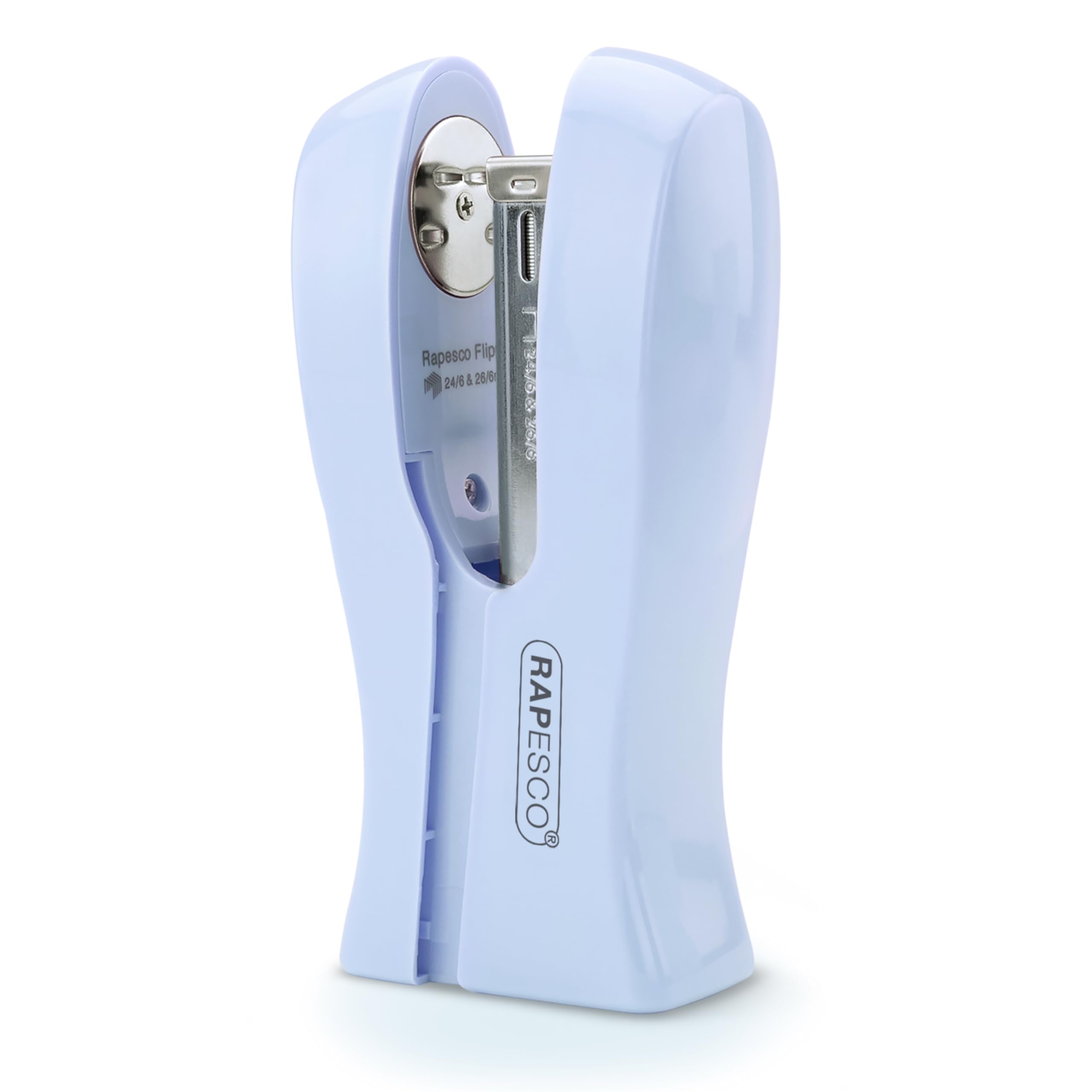 Rapesco 1379 Stand Up/Space-Saving Stapler, 20 Sheet Capacity, Powder Blue