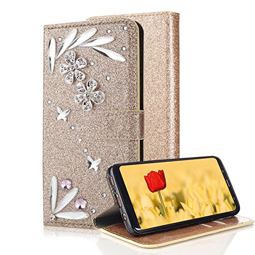 For Samsung Galaxy Note 8 Case, Aearl PU Leather 3D Crystal Bling Diamond Feather Jewels Rhinestone Flower Magnetic Closure Flip Wallet Card Slot Holder Stand Cover for Samsung Galaxy Note 8 - Gold