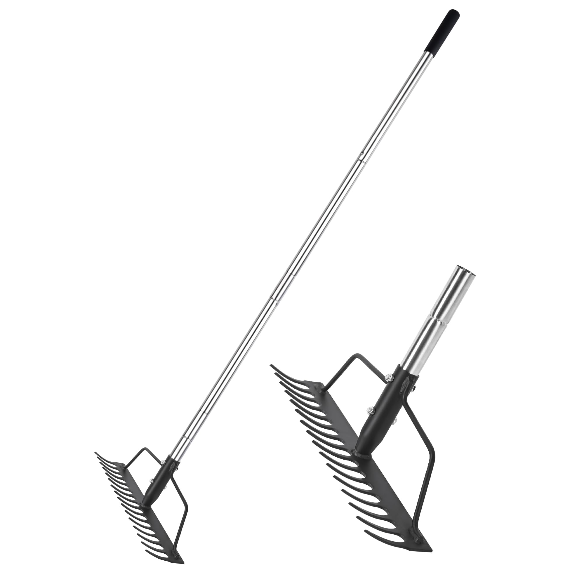 Photo 1 of BARAYSTUS 15 Inch Wide Bow Rake, 16 Steel Tines Metal Head Rake Tool with Stainless Steel Handle, Adjustable Long Handle Garden Rake for Loosening Soil Leveling Mulch Gathering Lawns Leaves