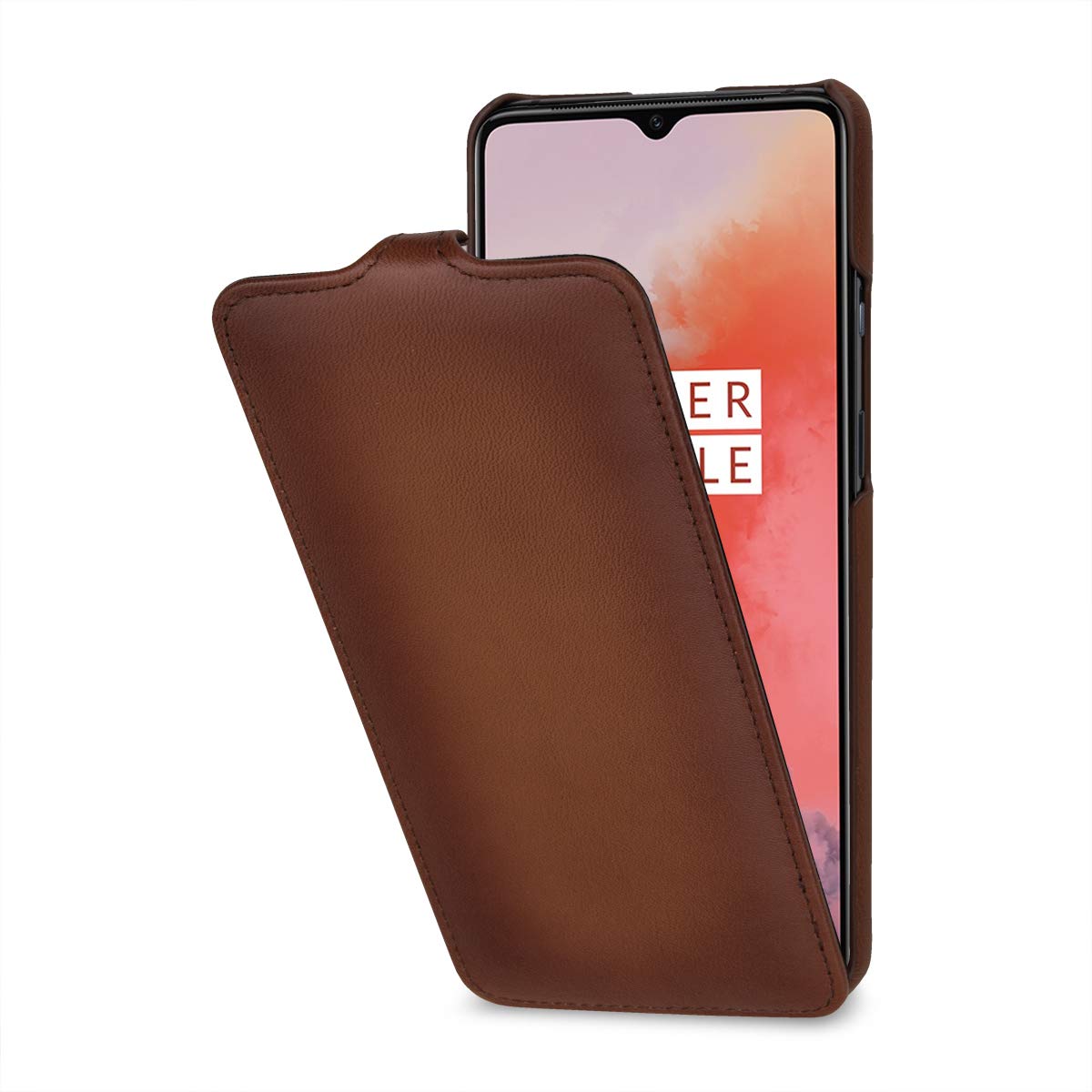 StilGut Slim Vertical Flip Case for OnePlus 7T, Genuine Leather OnePlus 7T Case, Antique Brown