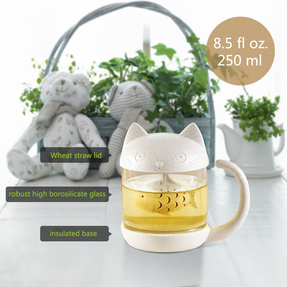 Tea Cup KIDAC Novelty Glass Teacup with Cute Cat lid and Fish Tea Infuser 8.5 OZ./250 ml