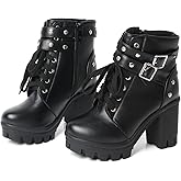 FOREADA Goth Boots Chunky Heel Boot For Women Ankle Combat Booties Black Platform Bootie Buckle Rivets Punk Goth Shoes With Zipper