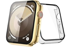 JULK [2 Pack] Gold Case with Screen Protector for Apple Watch 9/8/7 41mm, 9H Tempered Glass with Ultra Thin Hard Protective Cover for iWatch [1 Gold + 1 Transparent]