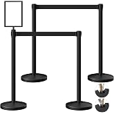 4-Pack Black Stainless Steel Crowd Control Stanchions, 9.8 ft Retractable Black Safety Belts with 1 Sign Holder(Black Belt)