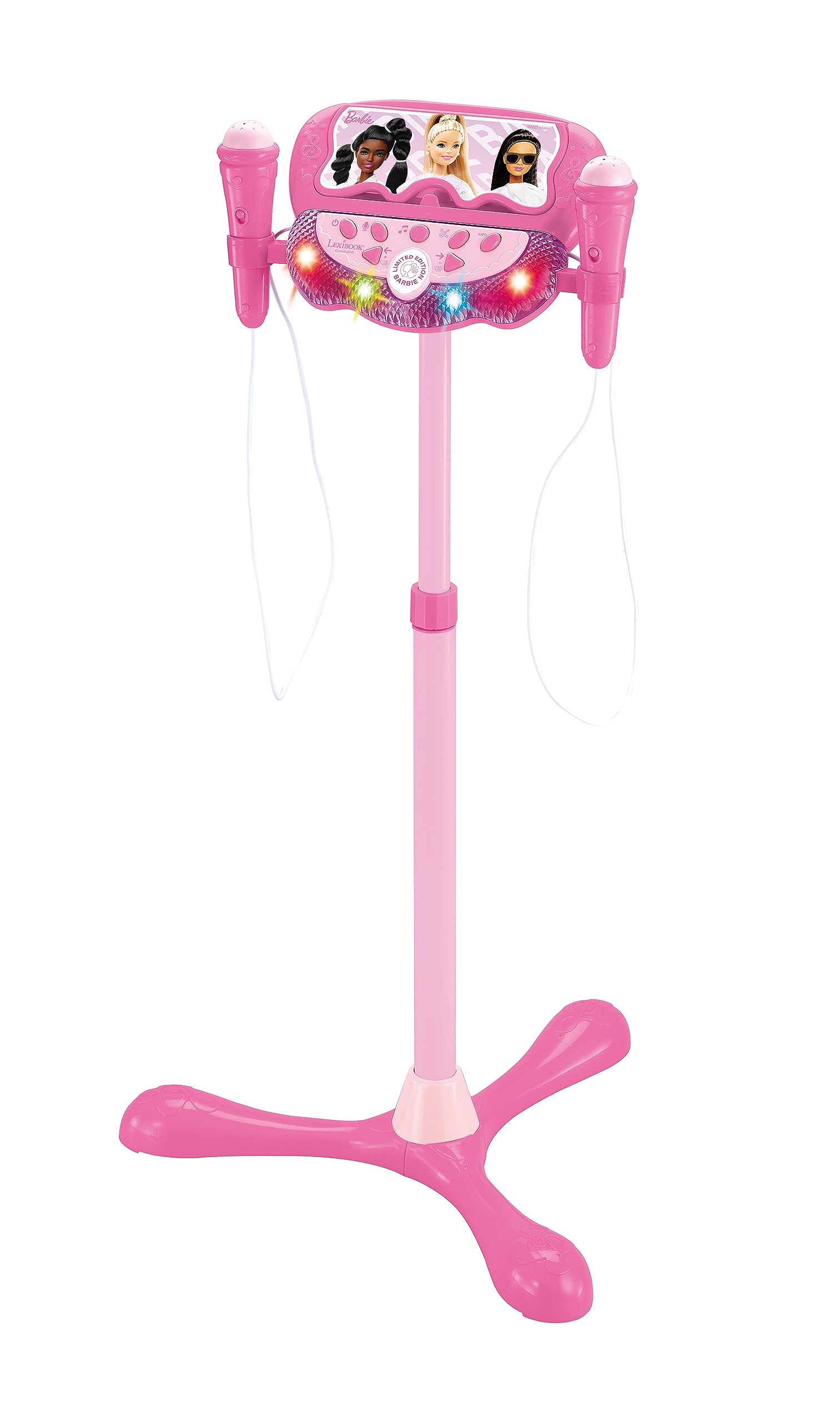 LEXIBOOK, Barbie, Luminous speaker on stand for children, musical game, adjustable height, light effects, 2 microphones included, MP3 socket, Aux-in socket, Pink, S160BB