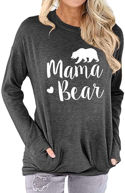 Vaise Womens Mama Bear Shirt Casual Long Sleeve and Short Sleeve Tops Graphics Tees Loose Fit Sweatshirts (L, A-Darkgrey)