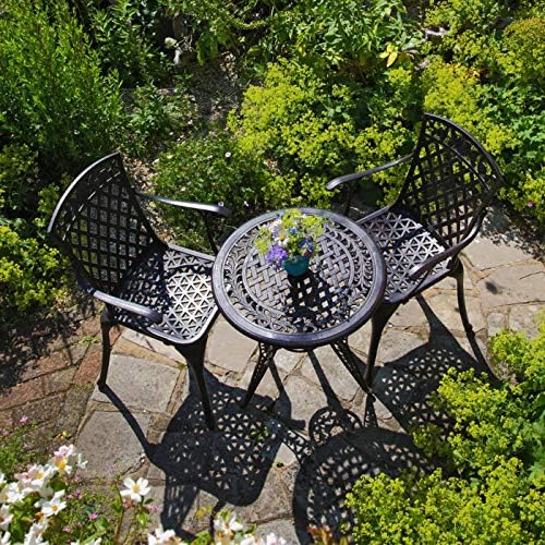 Lazy SusanIvy Round Garden Table in Antique Bronze with 2 Kate Chairs | Cast Aluminium | Weatherproof| 3 Year Guarantee