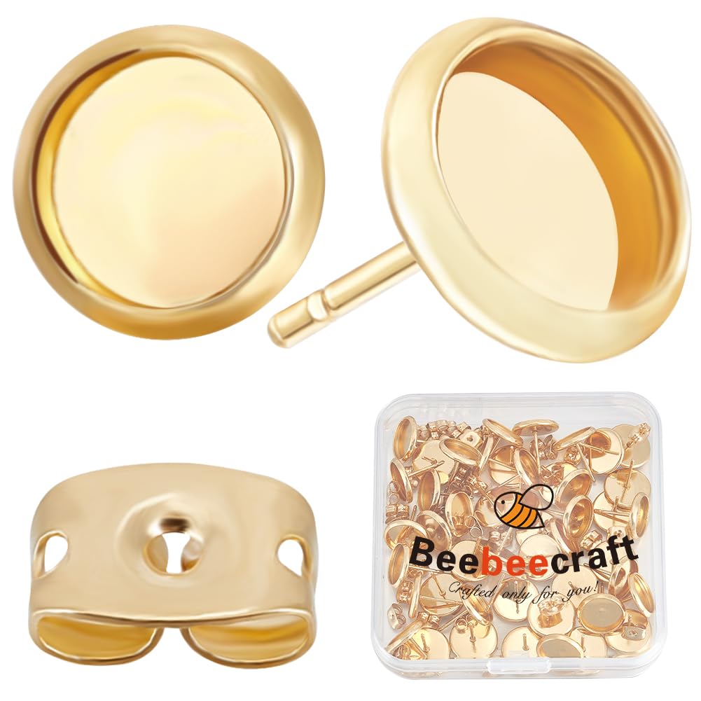 Beebeecraft 1 Box 50Pcs Earring Bezels Trays 18K Gold Plated Blanks Round Cabochon Prong Post Settings Stud Earring Findings with 10mm Tray and 50Pcs Earring Backs for Earring Jewelry Making
