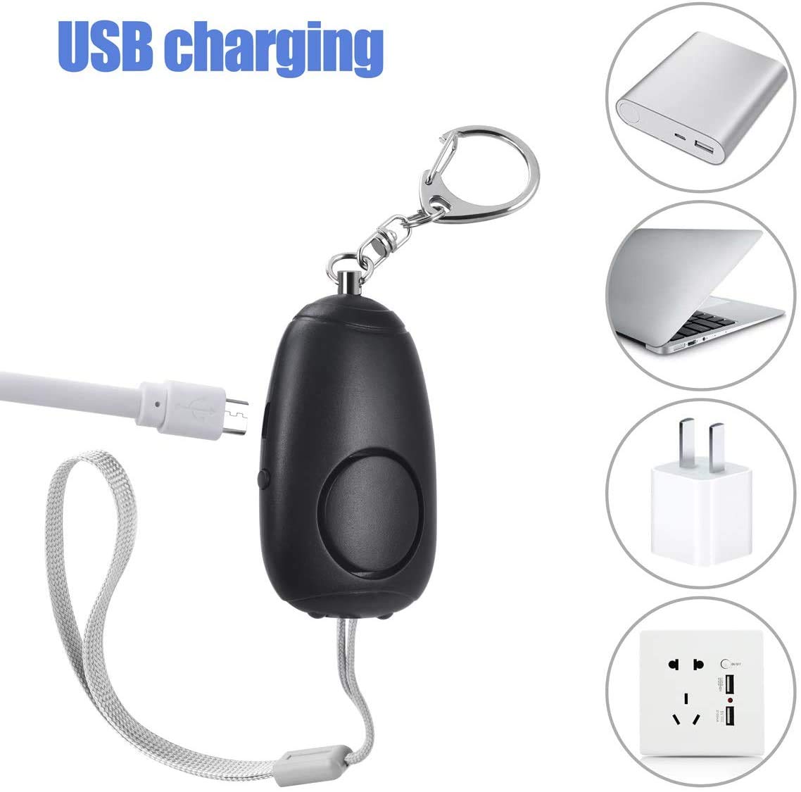 (Upgraded New Version) Safe Sound Personal Alarm, Rechargeable Emergency 130db Security Alarm Keychain Siren Song with 2 LED Lights, for Women, Men, Children, Elderly (3 Pack), Black