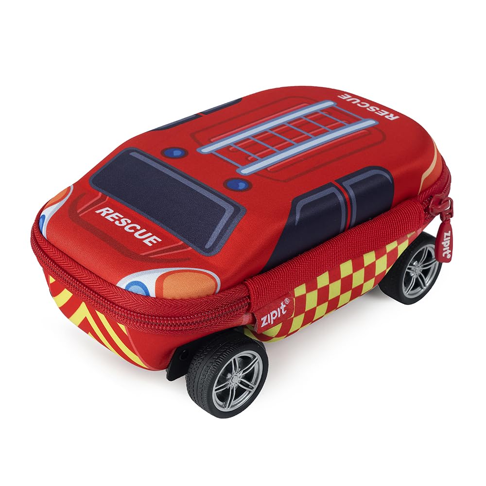 ZIPIT Fire Truck Pencil Case for Boys, Large Capacity Pencil Box for School with Spinning Wheels, Red