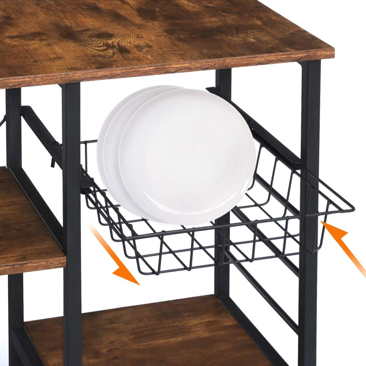 KingSo Industrial Kitchen Baker’s Rack Utility Storage Shelf, Microwave Oven Stand Kitchen Shelf Organizer Work Table with 7 Hooks, Simple Assembly Wood Look - Standing Baker's Racks
