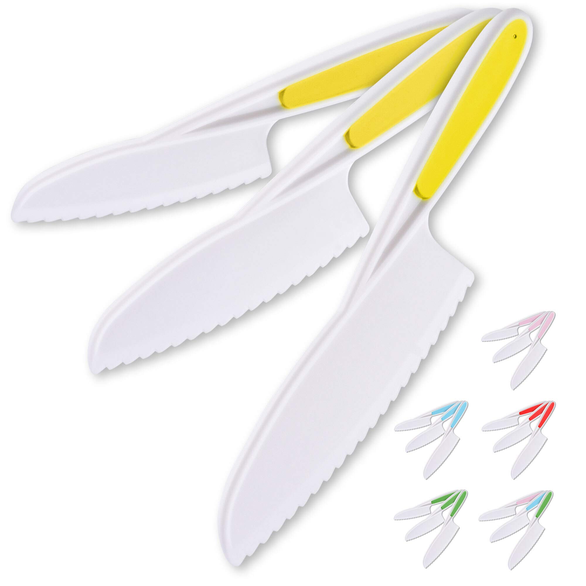 Zulay 3-Piece Kids Knife Set for Real Cooking & Baking - Toddler Knives for Cutting Fruits, Veggies, & Cake - Children’s Montessori Knife with Serrated Edges - Safe & Fun Lettuce Knife (Yellow)