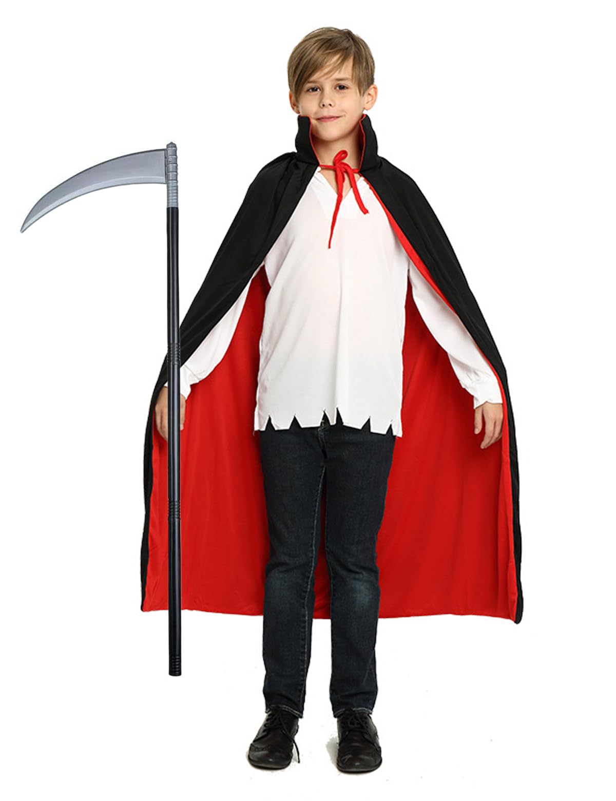 Vampire Cape, Scythe, 100 cm, Rod with Sickle, Weapon, Grim Reaper, Accessories, Theme Party, Carnival, Cape with Stand-Up Collar, Black, Red, Double-Sided with Adult for Halloween Costume (120 cm)