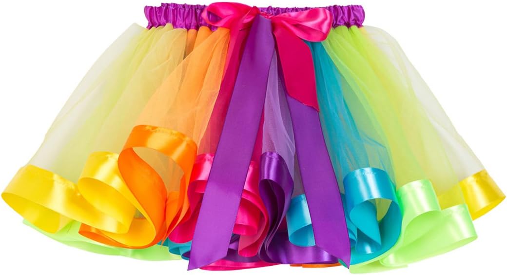 NEXLOMOS Girls Colorful Rainbow Layered Ribbon Tiered Ballet Tutu Skirt