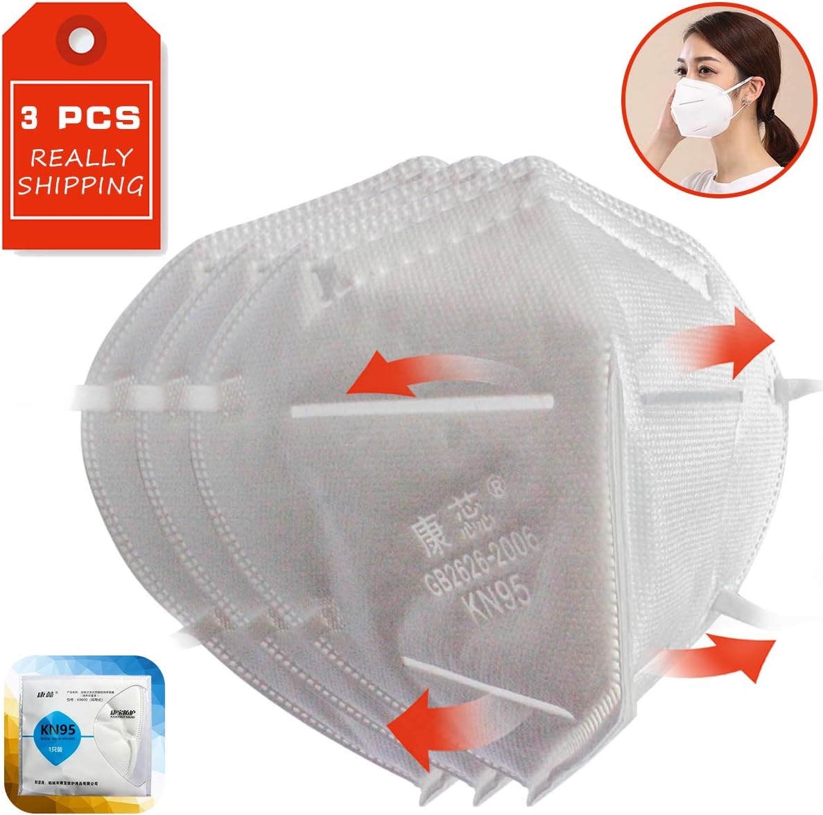 Flyinghedwig Face Masks, KN95 N95 FFP3 Mask Mouth Protective Filter Anti PM2.5 Reusable with Earrings Adjustable Masks for Children Mask Men and Women Unisex Outdoor（3 pcs）